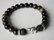 GOLDEN BLACK OBSIDIAN Natural Crystal Elephant LARVA Bracelet Essential Oil A