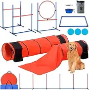 VEVOR Dog Agility Training Equipment, 7 PCS Set Upgrade w/Adjustable High Hurdles,6 Weave Poles,2 Tunnels,Jump Ring,Pause Box, Whistle,Foldable Bowl,Puppy Obstacle Course Kit w/ 3 Bags