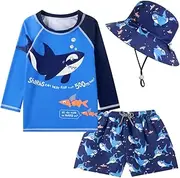 [SWMSTUPF] Toddlers Baby Boys' 3-Piece Rashguard Set Kids Bathing Suit Set with Hat UPF 50+