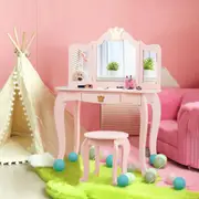 Babyjoy Kids Vanity Table & Stool Set w/Detachable Mirror Princess Makeup Dressing Table Set Study Writing Desk Pink