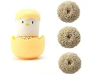 Kitchen Brush Chick Egg Shape Cute Cartoon Nano Cleaning Ball Kitchen Durable Pot Washing Brush, Household Pot and Bowl Cleaning Brush with Handle - Yellow + 3 yellow refills