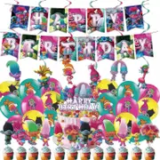 Trolls Theme Birthday Party Decorating Set Birthday Banner Latex Balloons Cake Toppers