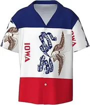 [VPPUR] Iowa State Flag Print Fashion Short Sleeve Button Down Cuban Collar Shirt Left Chest Convenient Pocket