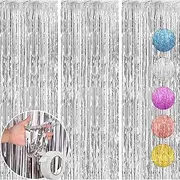 3 Pcs Silver Tinsel Foil Fringe Curtains Backdrop（A roll of Double-Sided Tape Will be Given ） Photo Booth Props Birthday Wedding Engagement Christmas Party Decorations Halloween Decorations