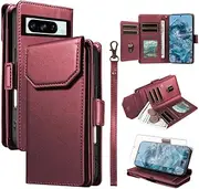 [Asuwish] Mobile Phone Case for Google Pixel 8 Pro Case with Film, Screen Protector and Card Slot, Foldable Leather Wallet Stand Pixel8Pro 8Pro 5G Zip Cover Mobile Phone Cases Protective Phone Case Red