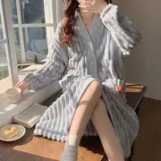 Long-Sleeve Coral Fleece V Neck Floral Button-Up Pajama Dress KMN-6677 - Wide Stripe - Blue - XL