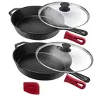 Cast Iron Skillet Set - 10" + 12" Frying Pan + Glass Lids + 2 Handle Cover Gr...