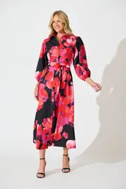Women's Party Gabi Maxi Shirt Dress Full Length Sleeve in multicolor Black with Berry Watercolour Floral 8