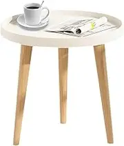 Small Side Table Round Coffee End Table with Solid Wood Legs Modern Accent Bedside Tray Table with Edge Nightstand for Small Spaces Living Room Bedroom - White