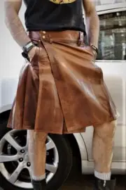 Men's Real Vintage Leather Pleated Kilt Front&Back Pockets Clubwear Utility Kilt