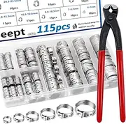 115PCS 6-28.6mm Single Ear Hose Clamps with Ear clamps plier 10-Sizes Crimp Hose Clamps for Auto,Home, Appliance, Pipe, Fuel Line Stepless Hose clamp with Crimp Clamps pincer