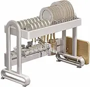 Dish Rack Dish Drying Rack Dish Drainer Over Sink Drainer Draining Rack 2 Tier Large Metal Knife Rack Cutlery Basket Cutting Board Rack Stainless Steel (White,62x32x55cm)