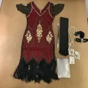 Women's Small Red Black Sequin Fringe Flapper Dress & Accessory Set 9 Pieces New