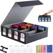 Card Deck Box Trading Card Storage Box, Playing Card Case with 4 Display Windows, Magnetic Storage Boxes with 3000+ Trading Cards Storage, 48 Colorful Dividers, 4 Supporters & Strap Black