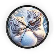 Home Decor Wall Clock White Tiger Cubs Playing Snowball