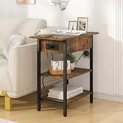 Advwin Side Table with Charging Station Flip Top Bedside Table with AC Outlets and USB Ports Small Night Stand with Open Shelf End Table for Livingroom Bedroom Office Study, Walnut