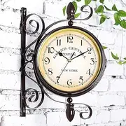 Outdoor Garden Clock,Weatherproof Wall Mounted Double Sided Garden Clock with Bracket,European Retro Style Wrought Iron Wall Clock Outdoor Ornaments