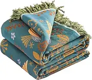 VANJOROY Boho Sofa Bed Large Throw Blanket Decor, Ultra Soft Luxury Throw Quilt, 100% Organic Cotton Reversible Bohemian Throw for Couch Chair Bedspread and Gift, 91" x 98"-Teal