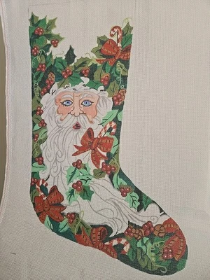 Rare Meredith Collection HandPainted Santa Holly Needlepoint Stocking Canvas