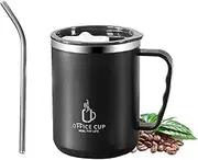 Coffee Cup Mug with Handle,16 oz Stainless Steel Mugs,Double Wall Vacuum Travel Mug,Tumbler Mugs with Straw and Sliding Lid,Hot & Cold Drinks for Home Office (Black)