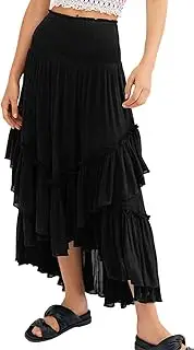 [R.Vivimos] Long Skirts for Women Summer Boho Smocked Strapless Dress Elastic High Waisted Layered Ruffle Hem Beach Midi Skirt