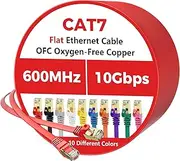 Cat 7 Ethernet Cable 30FT, Flat 10Gbps High Speed Internet Cord, STP Shielded, Pure Copper, Flexible CAT7 RJ45 LAN Network Cable, Compatible with PC, Laptop, PS5, Xbox Modem, Router, PoE, Red Cable