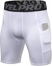 Medicle Mens Compression Shorts Gym Running Short Tights Breathable Fitness Workout Shorts with Phone Pockets White