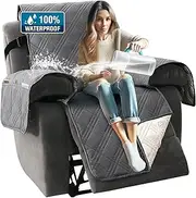 Smarcute Recliner Chair Covers with Arm Sofa Cover for Adults Lazy Boy Recliner, Waterproof Recliner Cover for l Shape Couch/Recliner with Elastic Straps for Pets Kids (Recliner, Grey/Beige)