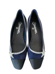 NEW CHANEL Ballerina Flats Crystal Shooting Star Trim Navy Suede & Black Cap Toe