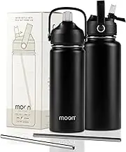 Moon Bottles - Insulated Water Bottle with Straw - Stainless Steel Sports Drink Bottle, Thermal Flask, 24hr Cold, 12hr Hot, Double Walled, Metal Straw, Silicon Spout, Australian Company (1L, Black)