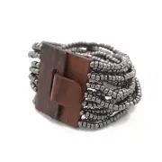 Silver BALI Bracelet with Hardwood Buckle Clasp 14-Strand Elastic Glass Bead