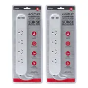 2x 4 Way Outlet Switched Surge Protected 2400W Power Board w/1m Cable/2 USB Port