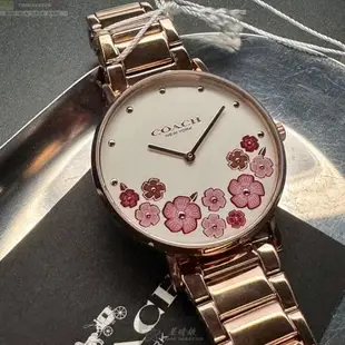 COACH 蔻馳女錶 36mm 玫瑰金圓形精鋼錶殼 白色中二針顯示, 山茶花錶面款 CH00202