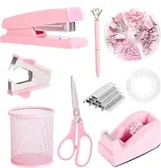 Pink Desk Accessories, Pink Office Supplies Set with Stapler, Tape Dispenser, Staple Remover, Pen Holder, Scissor, Binder/Paper Clips, Ballpoint Pen, Clear Tape and 1000pcs Staples