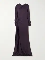 [Victoria Beckham] Victoria Beckham - Tie-detailed Gathered Cut-out Stretch-jersey Gown - Dark purple - UK 12 UK 12 Purple