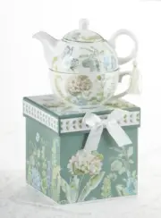 Delton Porcelain Tea for One Gift Set Stacked Teapot & Cup BLUE HYDRANGEA