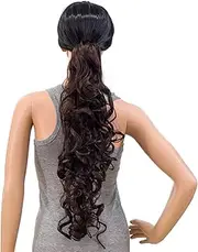 SWACC 24-Inch Long Messy Curls Claw Clip Ponytail Extensions Synthetic Drawstring Curly Hairpiece Jaw Clip Hair Extensions (Dark Brown-4#)