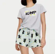 NEW PETER ALEXANDER DAISY BLACK CAT GREY TOP + MINT SHORTS PJ SET XL RRP$109.90