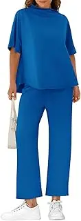 Yousify Women's Two Piece Outfits Crew Neck Pullover Tops 3/4 Batwing Sleeve Capelet Wide Leg Pants Casual Lounge Set
