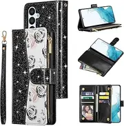 [UEEBAI] Wallet Case for Samsung Galaxy A15 4G/5G, PU Leather Case Magnetic Closure Handbag Zipper Pocket Case Kickstand Card Slots with Hand Strap Rose Flip Case for Women, Bling Black