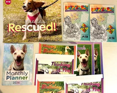 2026 PeTA Rescued! Calendar & Monthly Planner & Puzzles + 6 Greeting Cards NEW