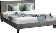 OIKITURE 28CM Height Platform Bed Frame with Headboard - Mattress Foundation with Velcro Strip Slats, Upholstered with Linen Fabric, Easy Assembly, 280KG Weight Capacity, Double Size, Grey