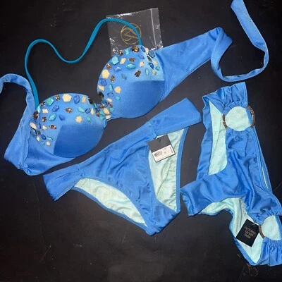 Victoria's Secret 34B BIKINI XS bottom lot BLUE beaded stone embellished O-ring