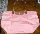 LONGCHAMP LE PLIAGE PINK Limited Ed EIFFEL TOWER EMBROIDERED LARGE Long Handle
