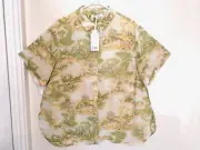 Rose + Olive Womens Blouse 1X Plus Green White House Tree Button Up Short Sleeve