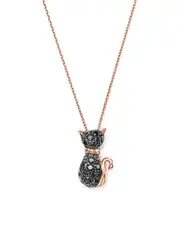 Black Diamond Cat Pendant Necklace in 14K Rose Gold, .40 tcw