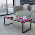 Glass Top Rectangular Coffee Side Table With Rainbow Print Home Decor Furniture