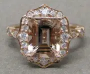 3Ct Emerald Cut Morganite & Diamond Halo Engagement Ring 14K Rose Gold Finish