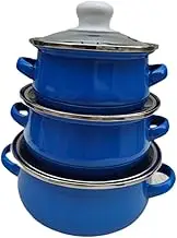 MYCENSE 3Pcs Enamel Stock Pots with Double Handles for Induction Cookers Gas Cooking Pot with Lid, Dark Blue