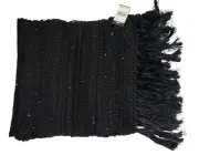 VTG Ralph Lauren Women’s Knit Scarf 60 X 13” Wool Blend Fringe Sequins Black NEW